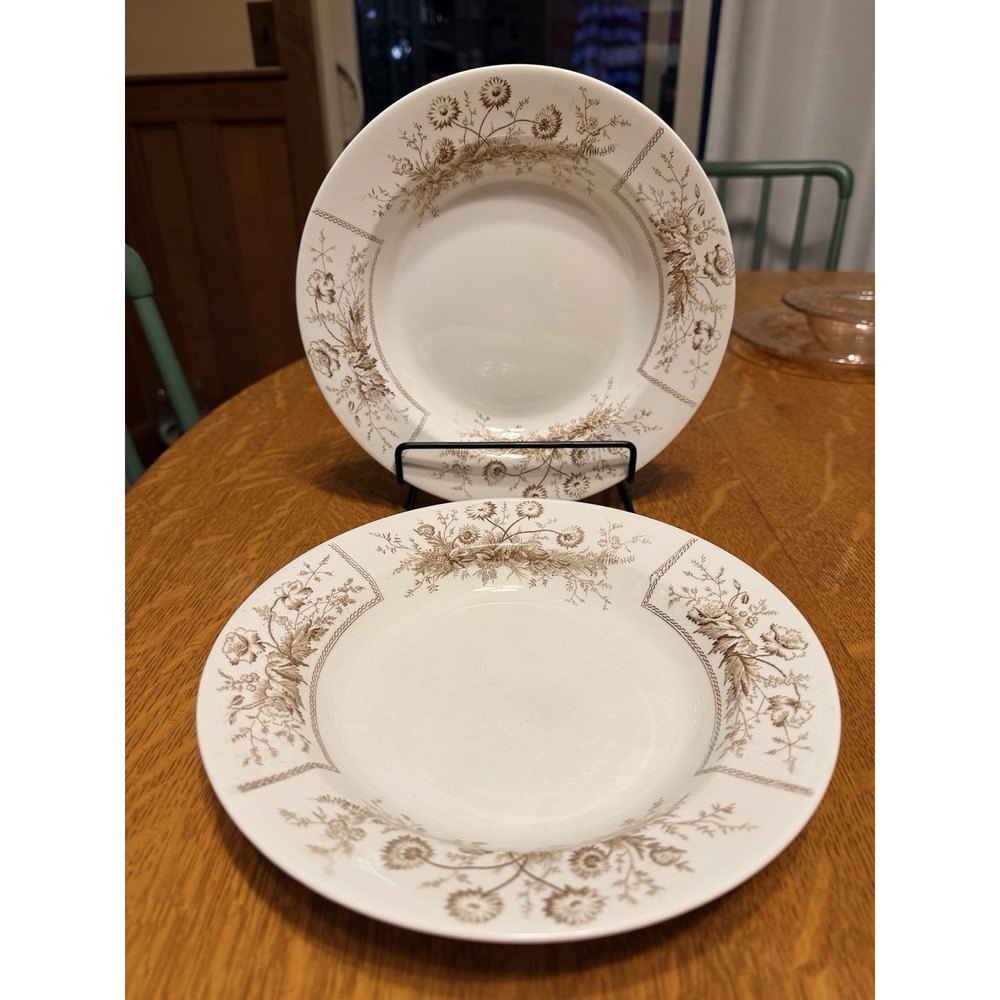 Antique Pair Johnson Brothers Sylvan Brown Transferware Rim Soup Bowls MINT